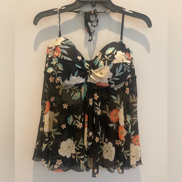 AI: Kona Sol Flyaway Tankini Top Black Mesh Floral Women’s L - Picture 2 of 10